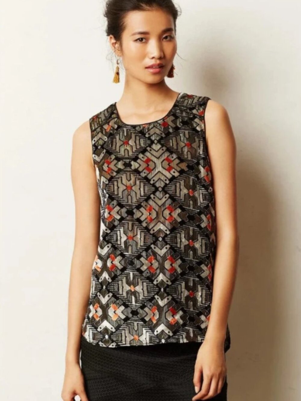 Anthropologie Meadow Rue art deco black gold velvet mixed tank blouse L